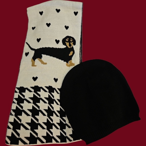 BARK Houndstooth Hearts Dachshund Knit Scarf and Black Beanie Set - Picture 1 of 9